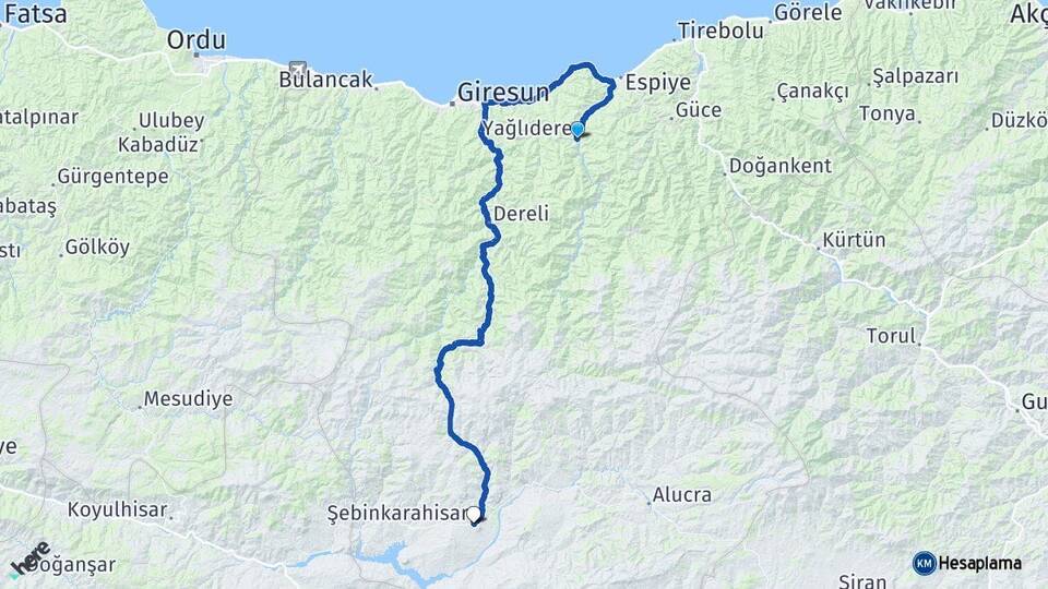 Giresun Yağlıdere Şebinkarahisar Arası Kaç Km - Yol Haritası