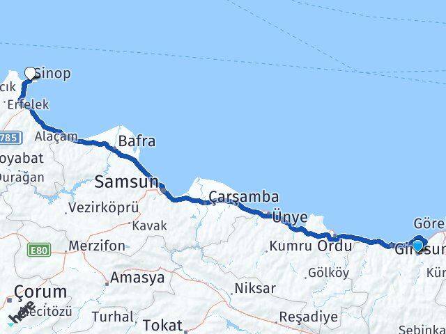 Giresun Yağlıdere Sinop Arası Kaç Km - Yol Haritası