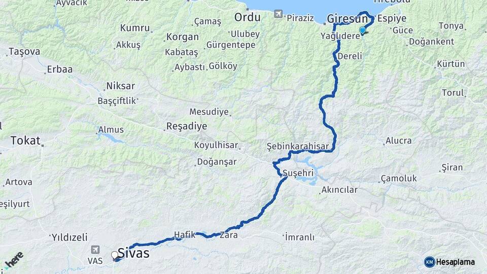 Giresun Yağlıdere Sivas Arası Kaç Km - Yol Haritası