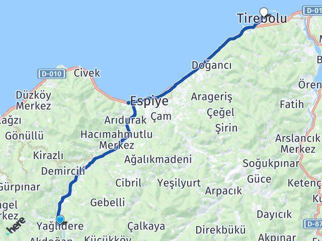 Giresun Yağlıdere Tirebolu Arası Kaç Km - Yol Haritası
