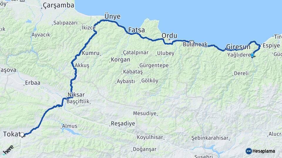 Giresun Yağlıdere Tokat Arası Kaç Km - Yol Haritası