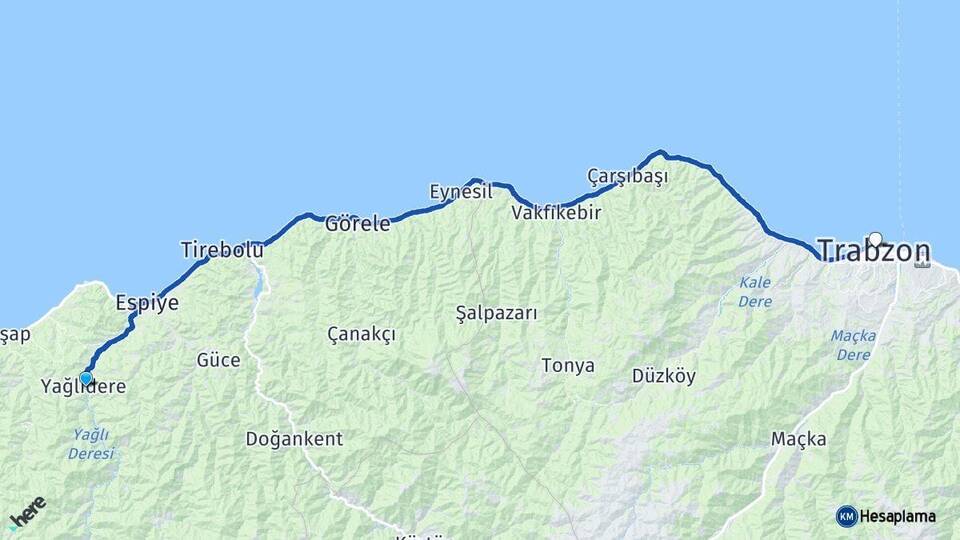 Giresun Yağlıdere Trabzon Arası Kaç Km - Yol Haritası