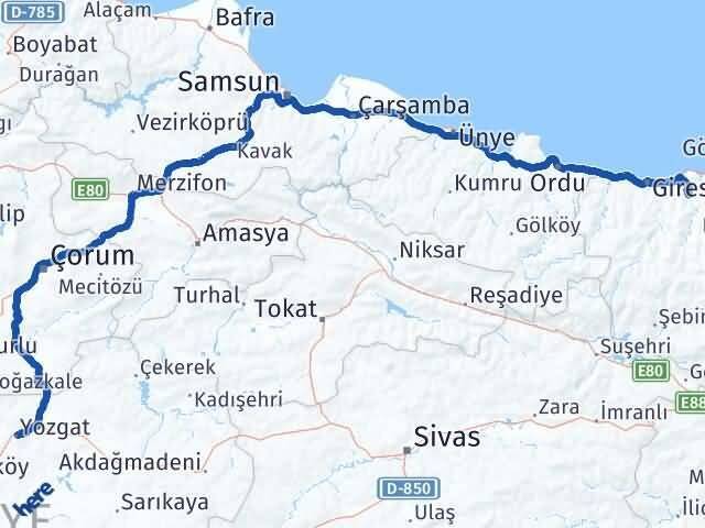 Giresun Yağlıdere Yozgat Arası Kaç Km - Yol Haritası