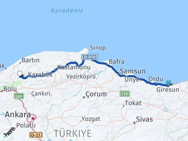 Giresun Yenice Karabük Arası Kaç Km - Yol Haritası