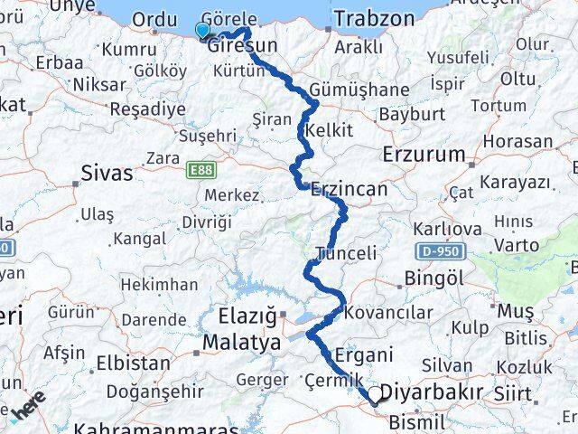 Giresun Yenişehir Diyarbakır Arası Kaç Km - Yol Haritası
