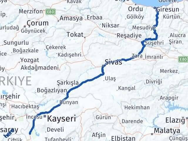 Giresun Yeşilhisar Kayseri Arası Kaç Km - Yol Haritası