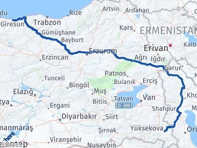 Giresun Yüksekova Hakkari Arası Kaç Km - Yol Haritası