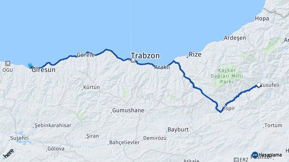 Giresun Yusufeli Artvin Arası Kaç Km - Yol Haritası
