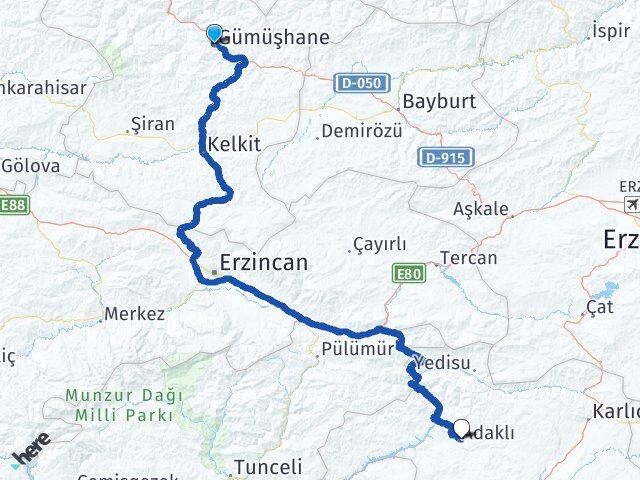 Gümüşhane Adaklı Bingöl Arası Kaç Km - Yol Haritası
