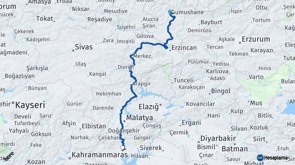 Gümüşhane Adıyaman Arası Kaç Km - Yol Haritası