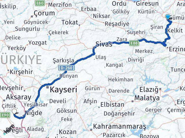 Gümüşhane Altunhisar Niğde Arası Kaç Km - Yol Haritası