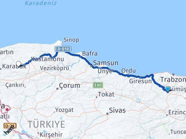 Gümüşhane Araç Kastamonu Arası Kaç Km - Yol Haritası