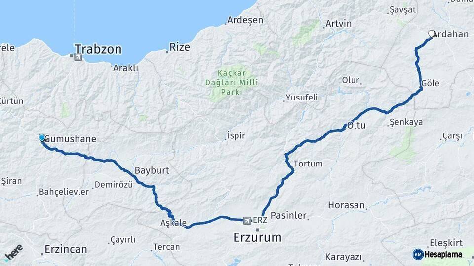 Gümüşhane Ardahan Arası Kaç Km - Yol Haritası