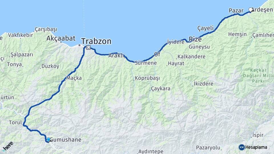 Gümüşhane Ardeşen Rize Arası Kaç Km - Yol Haritası