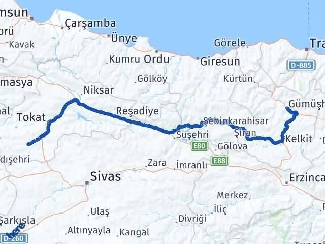 Gümüşhane Artova Tokat Arası Kaç Km - Yol Haritası