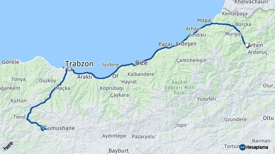Gümüşhane Artvin Arası Kaç Km - Yol Haritası