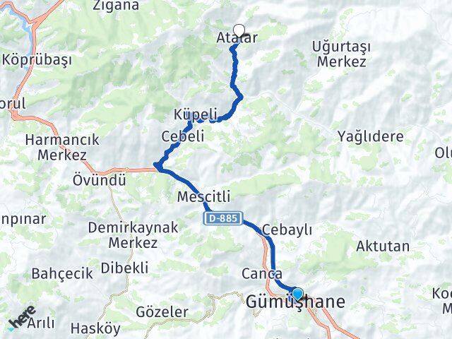 Gümüşhane Atalar Torul Arası Kaç Km - Yol Haritası