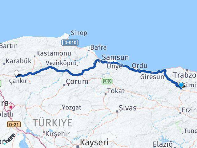 Gümüşhane Atkaracalar Çankırı Arası Kaç Km - Yol Haritası