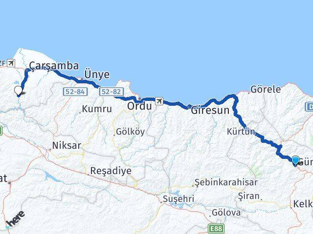 Gümüşhane Ayvacık Samsun Arası Kaç Km - Yol Haritası