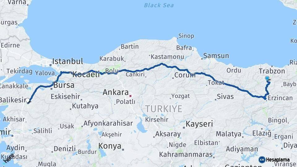 Gümüşhane Balıkesir Arası Kaç Km - Yol Haritası