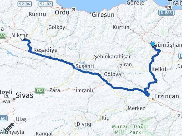 Gümüşhane Başçiftlik Tokat Arası Kaç Km - Yol Haritası