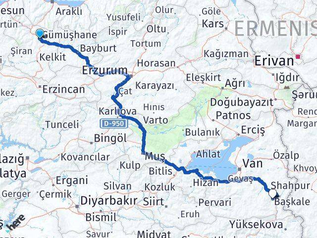 Gümüşhane Başkale Van Arası Kaç Km - Yol Haritası