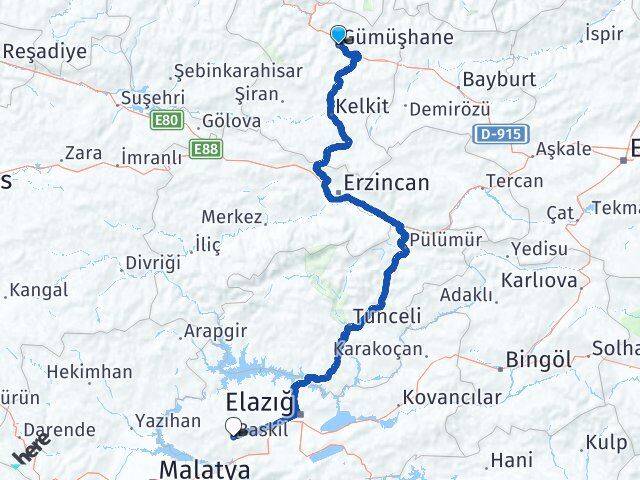 Gümüşhane Baskil Elazığ Arası Kaç Km - Yol Haritası