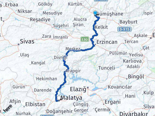 Gümüşhane Battalgazi Malatya Arası Kaç Km - Yol Haritası