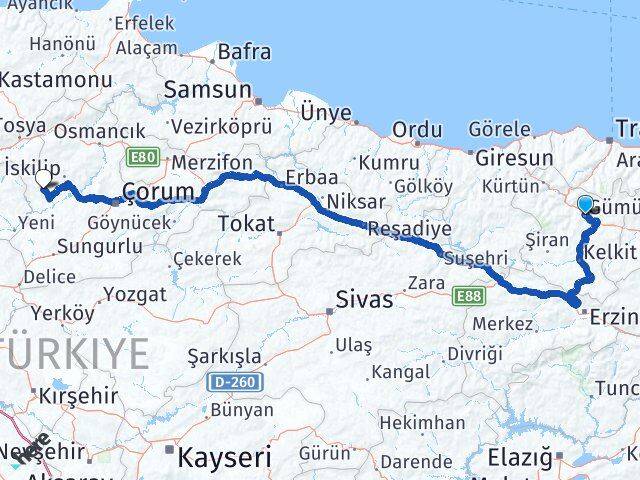 Gümüşhane Bayat Çorum Arası Kaç Km - Yol Haritası