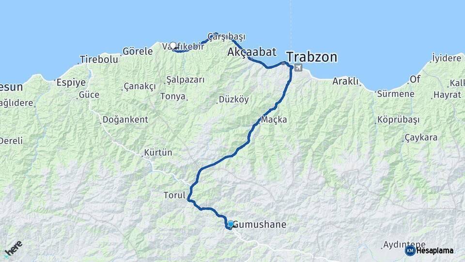 Gümüşhane Beşikdüzü Trabzon Arası Kaç Km - Yol Haritası