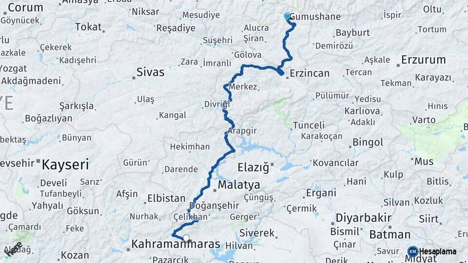 Gümüşhane Besni Adıyaman Arası Kaç Km - Yol Haritası