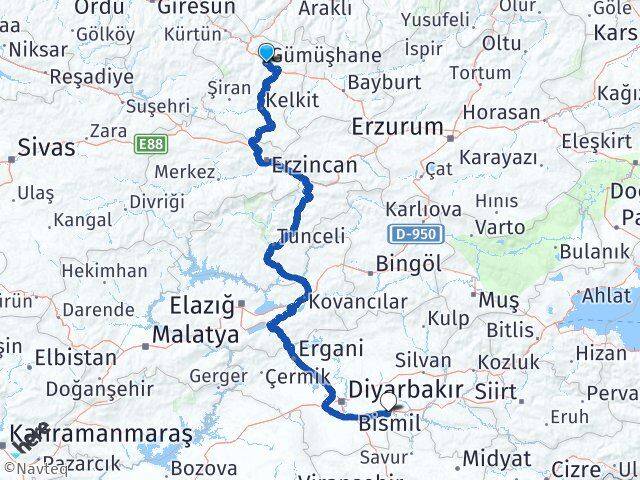 Gümüşhane Bismil Diyarbakır Arası Kaç Km - Yol Haritası