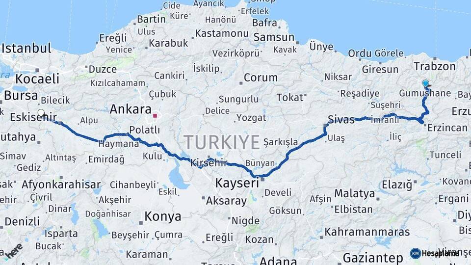Gümüşhane Bozüyük Bilecik Arası Kaç Km - Yol Haritası