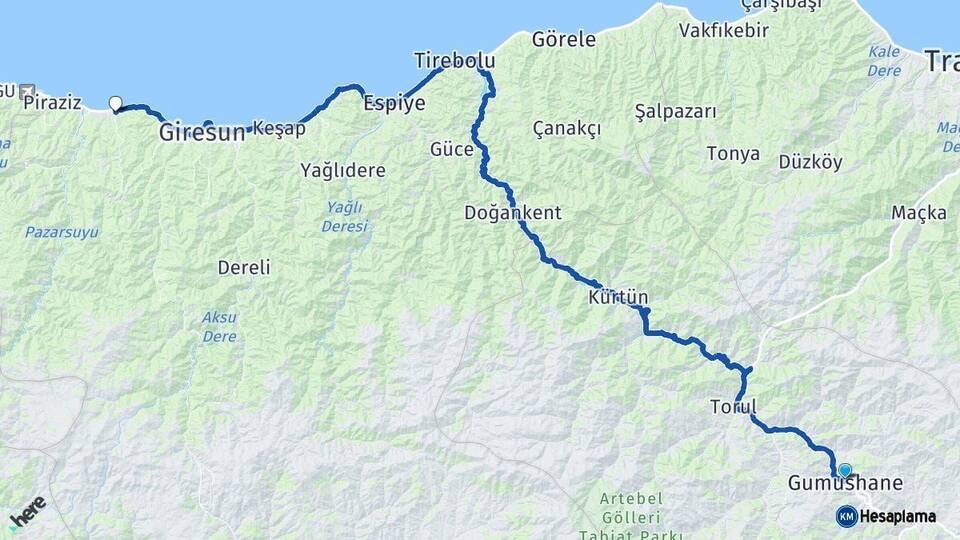Gümüşhane Bulancak Giresun Arası Kaç Km - Yol Haritası