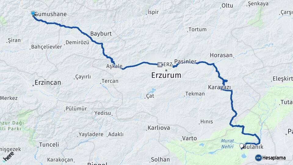 Gümüşhane Bulanık Muş Arası Kaç Km - Yol Haritası