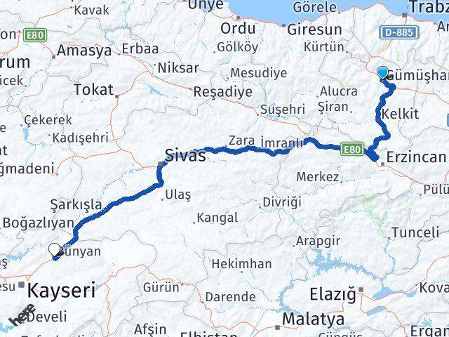 Gümüşhane Bünyan Kayseri Arası Kaç Km - Yol Haritası