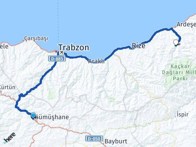 Gümüşhane Çamlıhemşin Rize Arası Kaç Km - Yol Haritası