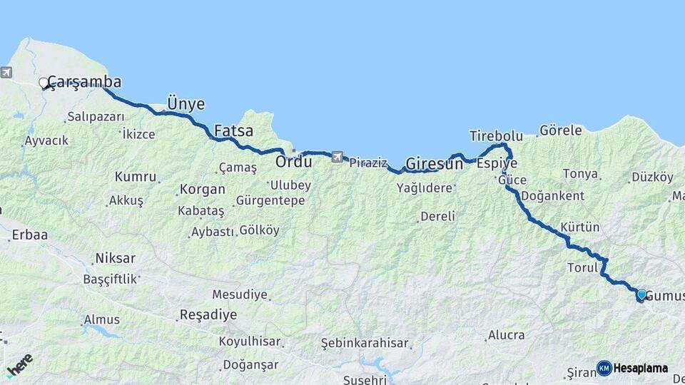 Gümüşhane Çarşamba Samsun Arası Kaç Km - Yol Haritası