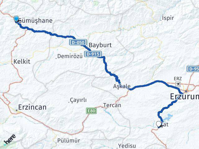 Gümüşhane Çat Erzurum Arası Kaç Km - Yol Haritası