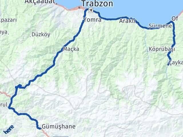 Gümüşhane Çaykara Trabzon Arası Kaç Km - Yol Haritası