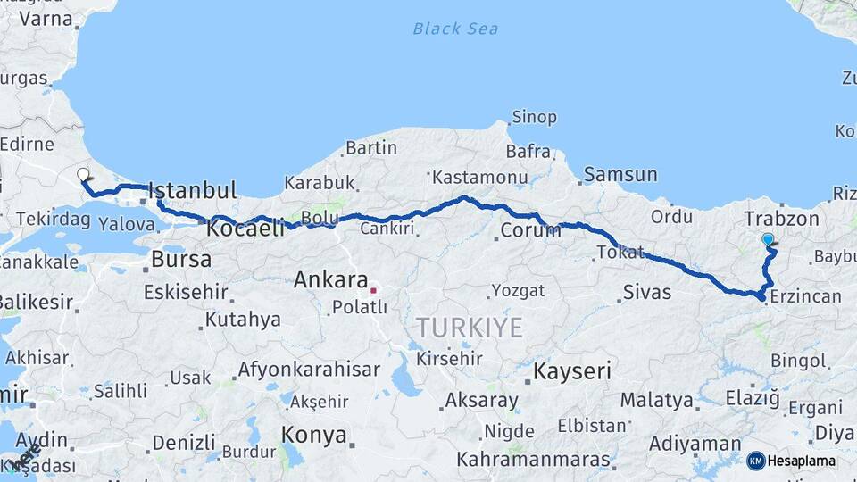 Gümüşhane Çerkezköy Tekirdağ Arası Kaç Km - Yol Haritası