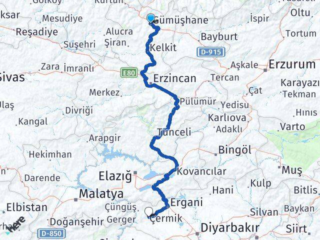 Gümüşhane Çermik Diyarbakır Arası Kaç Km - Yol Haritası