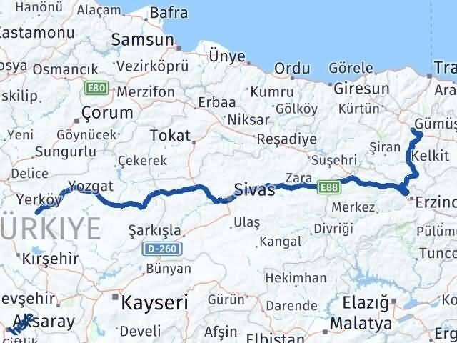 Gümüşhane Çiçekdağı Kırşehir Arası Kaç Km - Yol Haritası