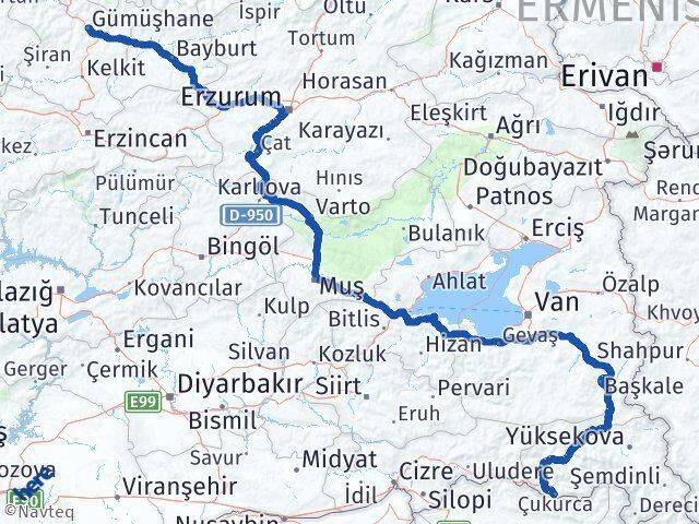 Gümüşhane Çukurca Hakkari Arası Kaç Km - Yol Haritası