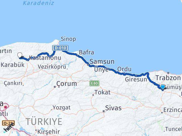Gümüşhane Daday Kastamonu Arası Kaç Km - Yol Haritası