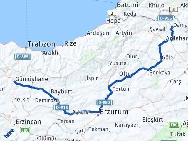 Gümüşhane Damal Ardahan Arası Kaç Km - Yol Haritası