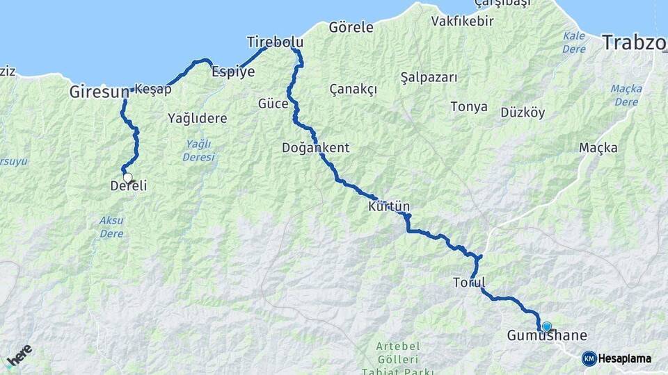 Gümüşhane Dereli Giresun Arası Kaç Km - Yol Haritası