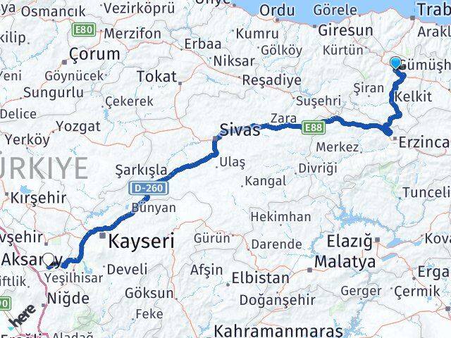 Gümüşhane Derinkuyu Nevşehir Arası Kaç Km - Yol Haritası