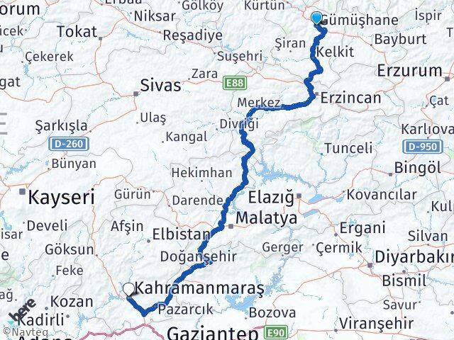 Gümüşhane Dulkadiroğlu Kahramanmaraş Arası Kaç Km - Yol Haritası