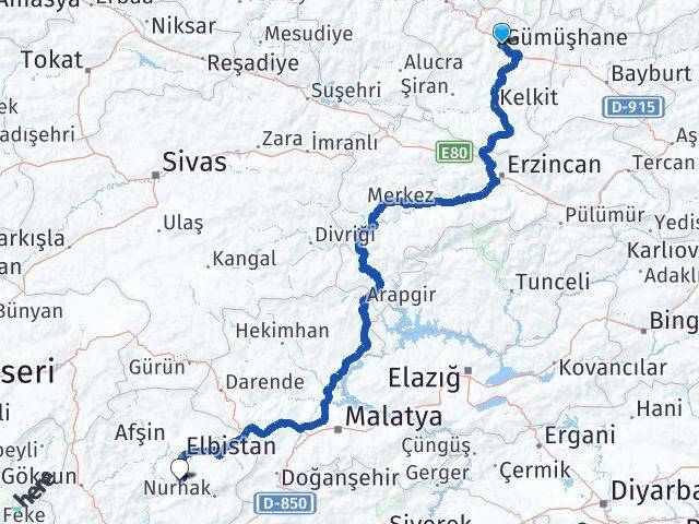 Gümüşhane Ekinözü Kahramanmaraş Arası Kaç Km - Yol Haritası